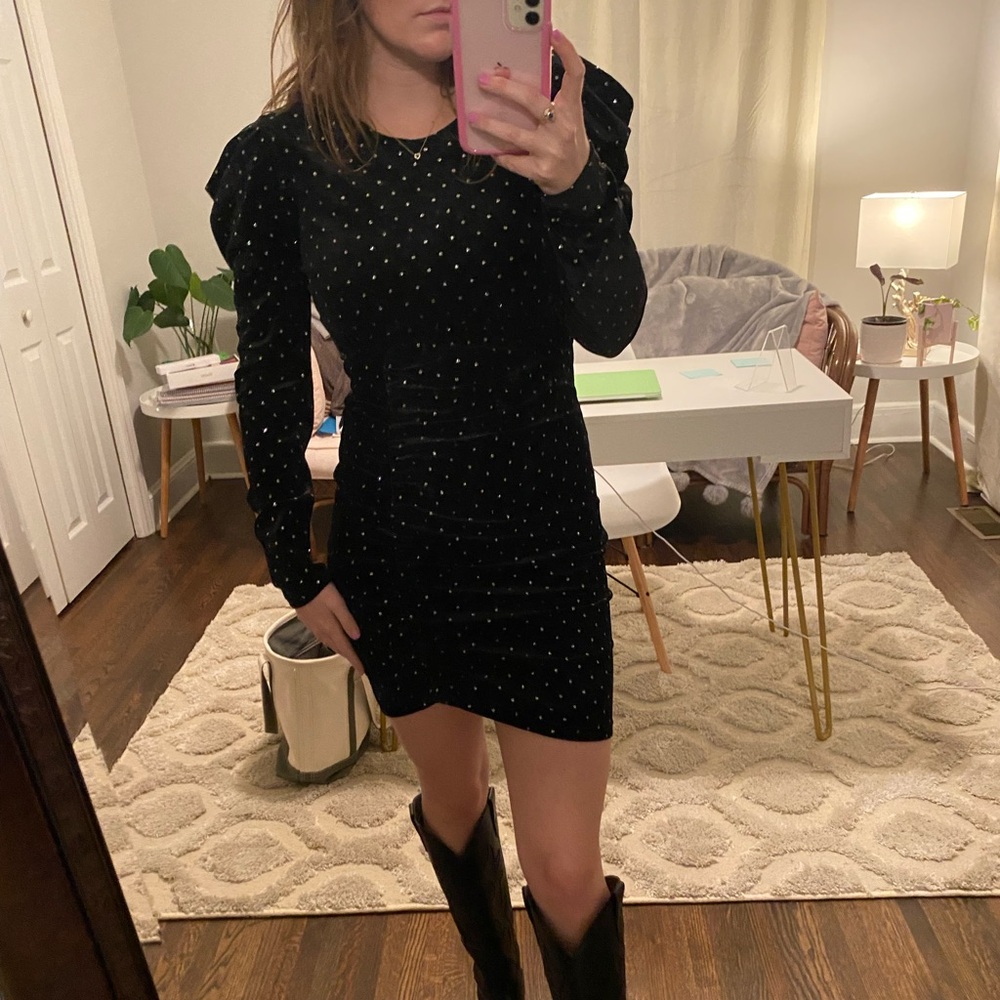 Betsey Johnson Power Sleeve Metallic Silver Dot Black Velvet Dress